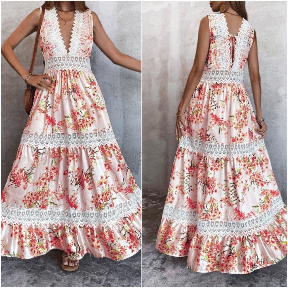 Boho Lace V neck Ruffle Maxi Dress Sleeveless - Picture 3 of 6